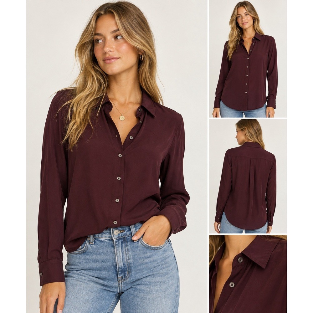 Quince Washable Stretch 90% Silk Collar Blouse Button Up Wine XS
